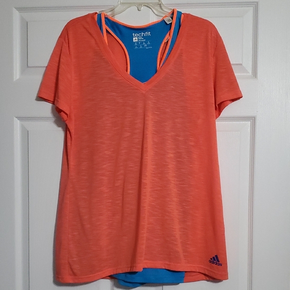 adidas Tops - Adidas Women's Orange V-Neck Tee with Blue Accents Amd Blue Tank Top